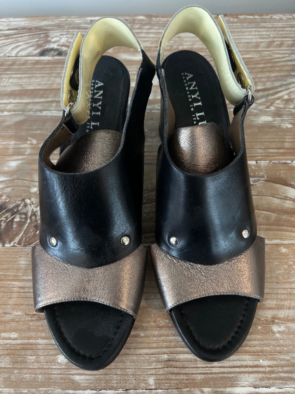 NWOB ANYI LU Leather Athena Sandals in Black, Gunmetal & Butter Sz 40 - 9.5-10